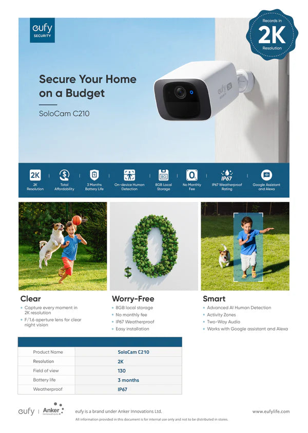 Anker - Eufy Security C210 SoloCam 家居安全室內/戶外無線攝影機 T8B00【香港行貨|1年保養】